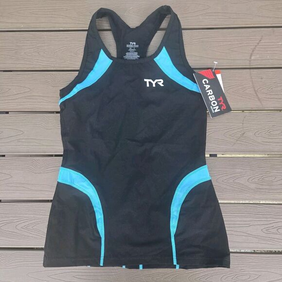 TYR Women's Triathlon Black/light Blue Tank Singlet Tri  Top CARBON Sz S New - Picture 1 of 3